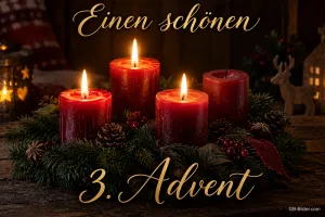 Adventskranz mit vier roten Kerzen, drei davon brennen, Text: Einen schönen 3. Advent