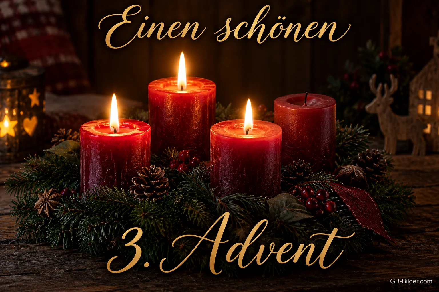 Adventskranz mit vier roten Kerzen, drei davon brennen, Text: Einen schönen 3. Advent Adventskranz mit vier roten Kerzen, drei davon brennen, Text: Einen schönen 3. Advent