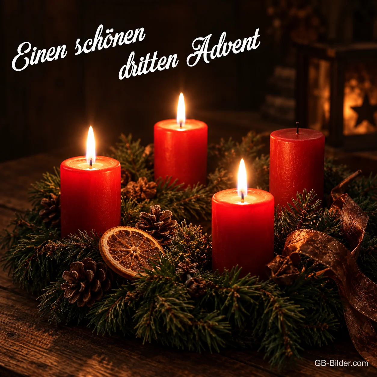 Adventskranz mit roten Kerzen, Text: Einen schönen dritten Advent