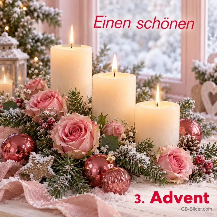 Drei Kerzen mit Rosen, Text: Einen schönen 3