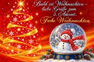 Goldener Lichterbaum neben einer Schneekugel mit Schneemann, Text: Bald ist Weihnachten – liebe Grüße zum 3. Advent. Frohe Weihnachten