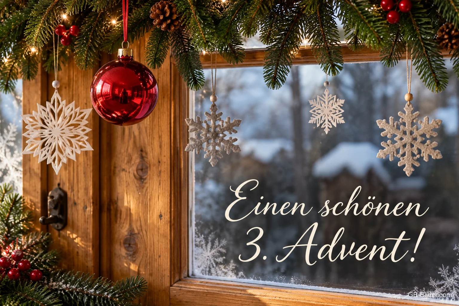 Holzfenster mit Weihnachtskugel und Schneeflocken, Text: Einen schönen 3. Advent! Holzfenster mit Weihnachtskugel und Schneeflocken, Text: Einen schönen 3. Advent!