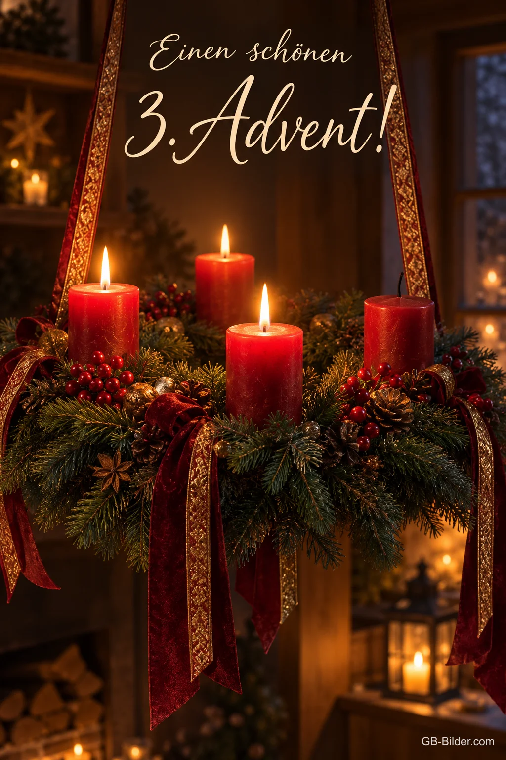 Hängender Adventskranz mit vier roten Kerzen, drei davon brennen, Text: Einen schönen 3. Advent! Hängender Adventskranz mit vier roten Kerzen, drei davon brennen, Text: Einen schönen 3. Advent!