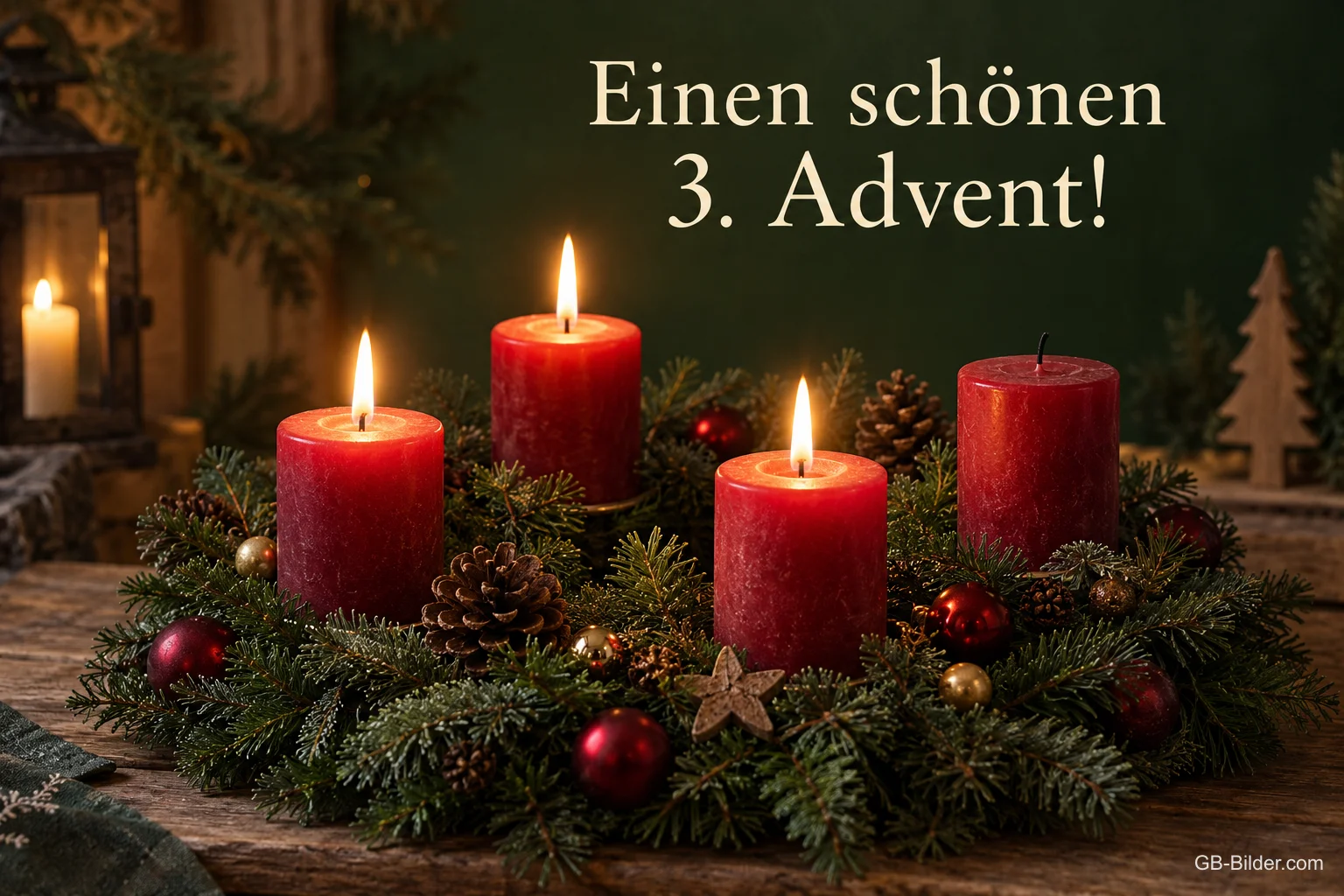 Adventskranz mit drei Kerzen, Text: Einen schönen 3