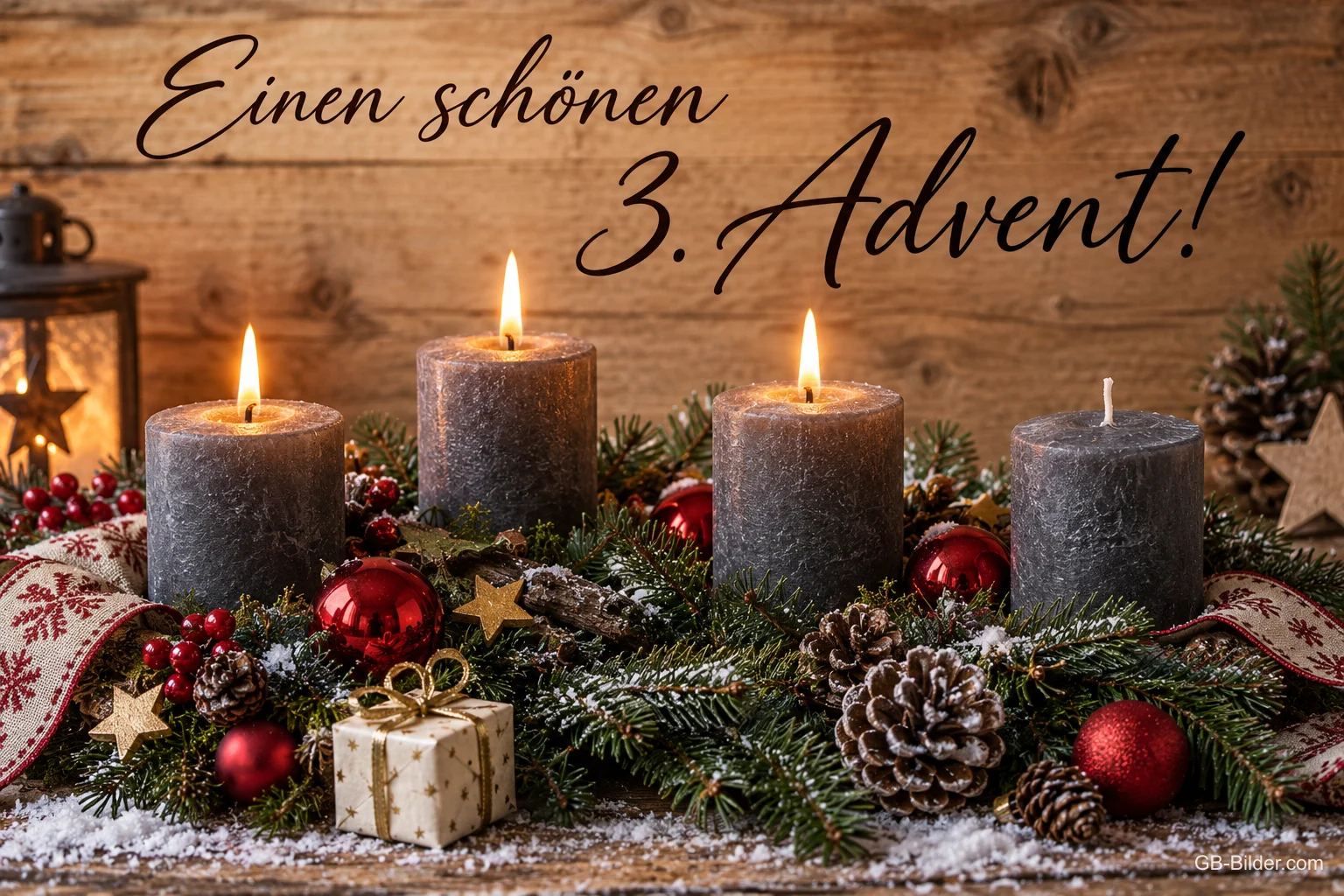 Vier graue Kerzen zwischen Tannenzweigen, drei davon brennen, Text: Einen schönen 3. Advent! Vier graue Kerzen zwischen Tannenzweigen, drei davon brennen, Text: Einen schönen 3. Advent!