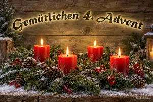Vier brennende rote Kerzen zwischen Tannenzapfen und Beeren, Text: Gemütlichen 4. Advent