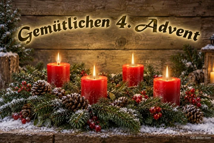 Vier brennende rote Kerzen zwischen Tannenzapfen und Beeren, Text: Gemütlichen 4. Advent