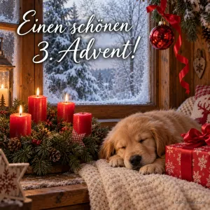 Golden-Retriever-Welpe schläft am Fenster neben vier Kerzen, drei brennen, Text: Einen schönen 3. Advent!