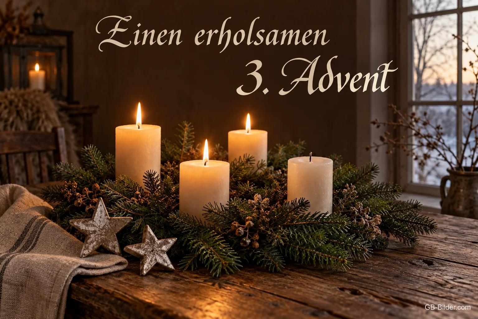 Vier weiße Kerzen im Tannengesteck, drei davon brennen, Text: Einen erholsamen 3. Advent Vier weiße Kerzen im Tannengesteck, drei davon brennen, Text: Einen erholsamen 3. Advent