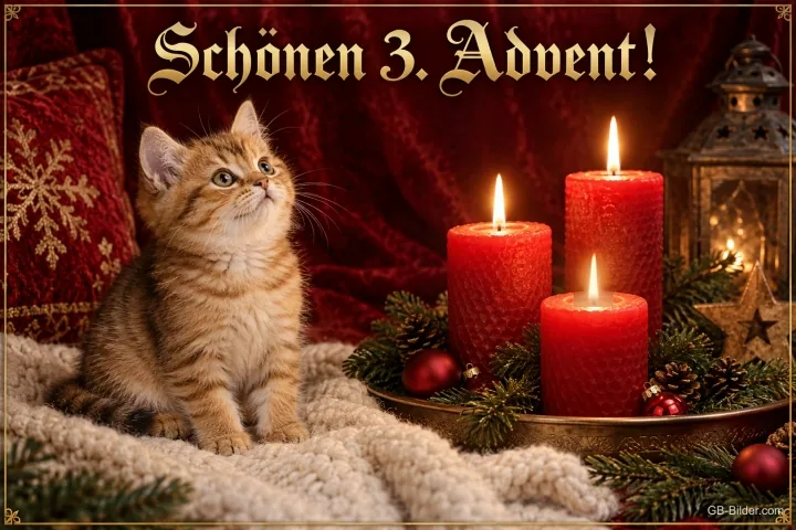 Getigertes Kätzchen schaut zu drei brennenden roten Kerzen, Text: Schönen 3. Advent! Getigertes Kätzchen schaut zu drei brennenden roten Kerzen, Text: Schönen 3. Advent!