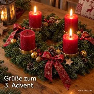 Adventskranz mit vier roten Kerzen und Schleife, drei davon brennen, Text: Grüße zum 3. Advent