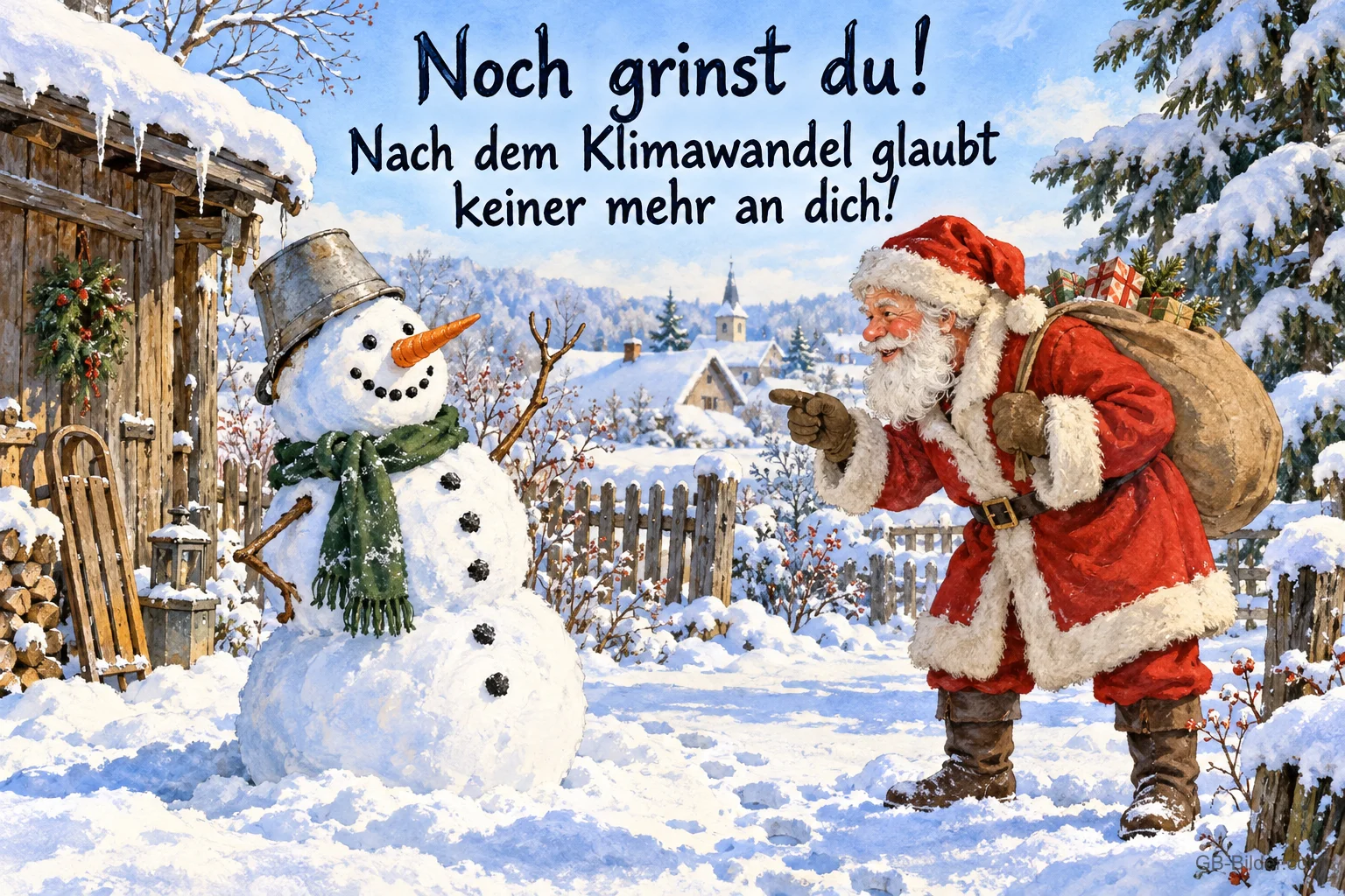 Weihnachtsmann spricht mit einem Schneemann im Schnee, Text: Noch grinst du! – Nach dem Klimawandel glaubt keiner mehr an dich!