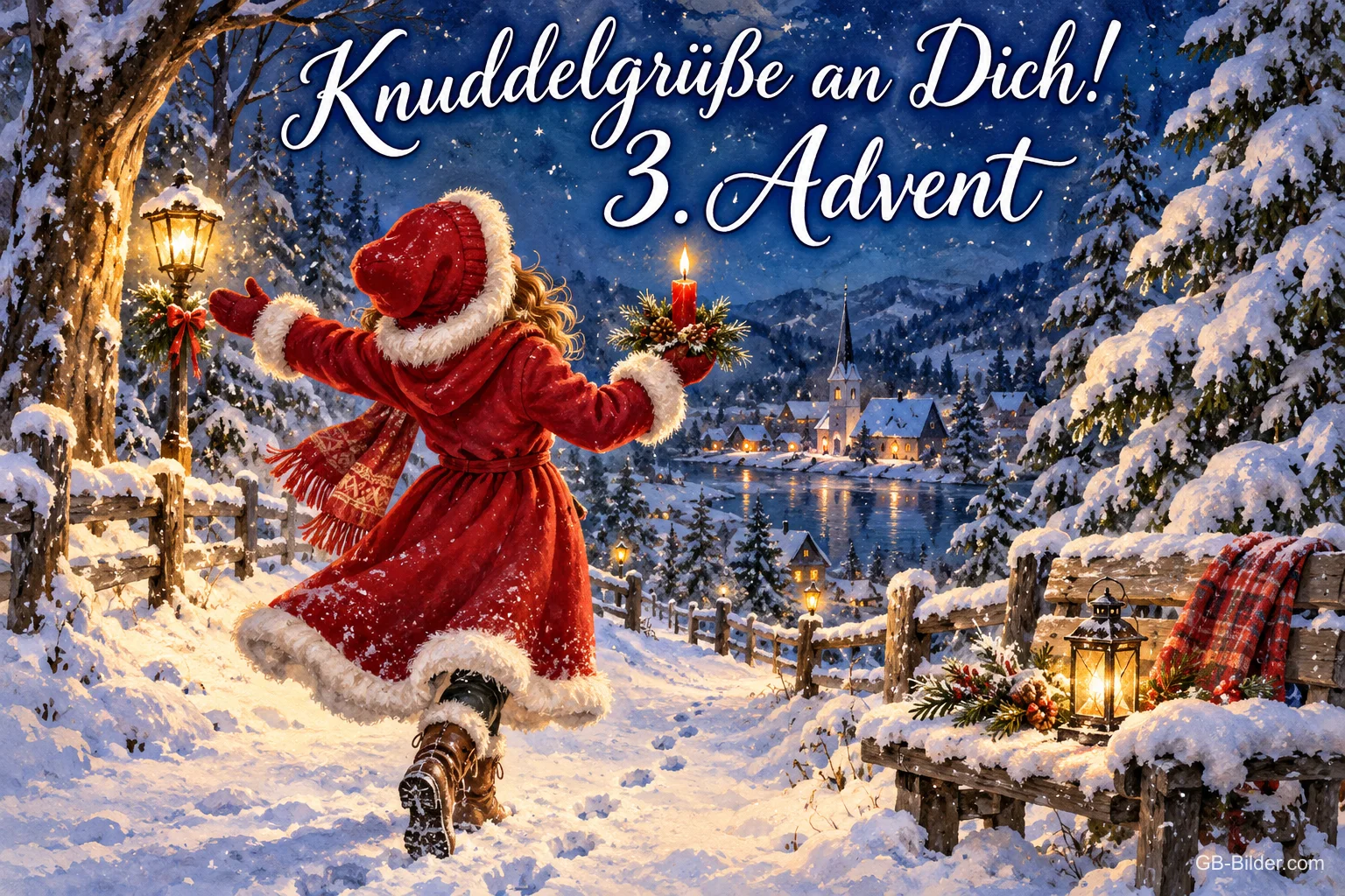 Mädchen im roten Mantel läuft mit Kerze durch ein verschneites Dorf, Text: Knuddelgrüße an Dich! 3. Advent Mädchen im roten Mantel läuft mit Kerze durch ein verschneites Dorf, Text: Knuddelgrüße an Dich! 3. Advent