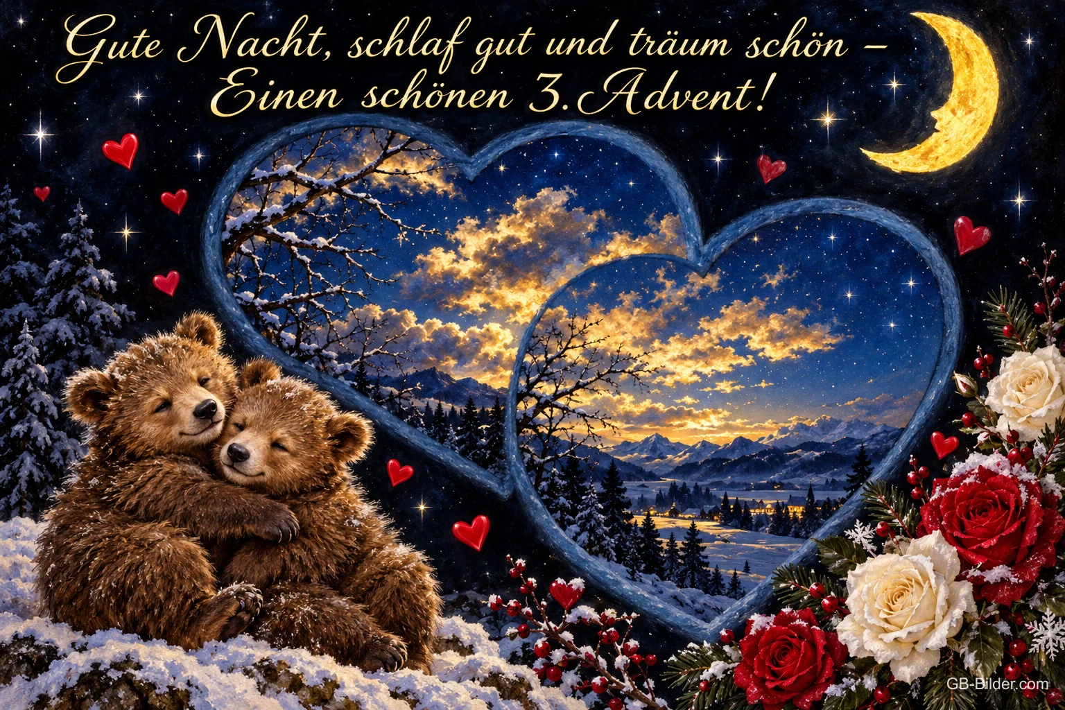 Zwei Bären kuscheln im Schnee vor einem Herz mit Sternenhimmel und Mond, Text: Gute Nacht, schlaf gut und träum schön – Einen schönen 3. Advent! Zwei Bären kuscheln im Schnee vor einem Herz mit Sternenhimmel und Mond, Text: Gute Nacht, schlaf gut und träum schön – Einen schönen 3. Advent!