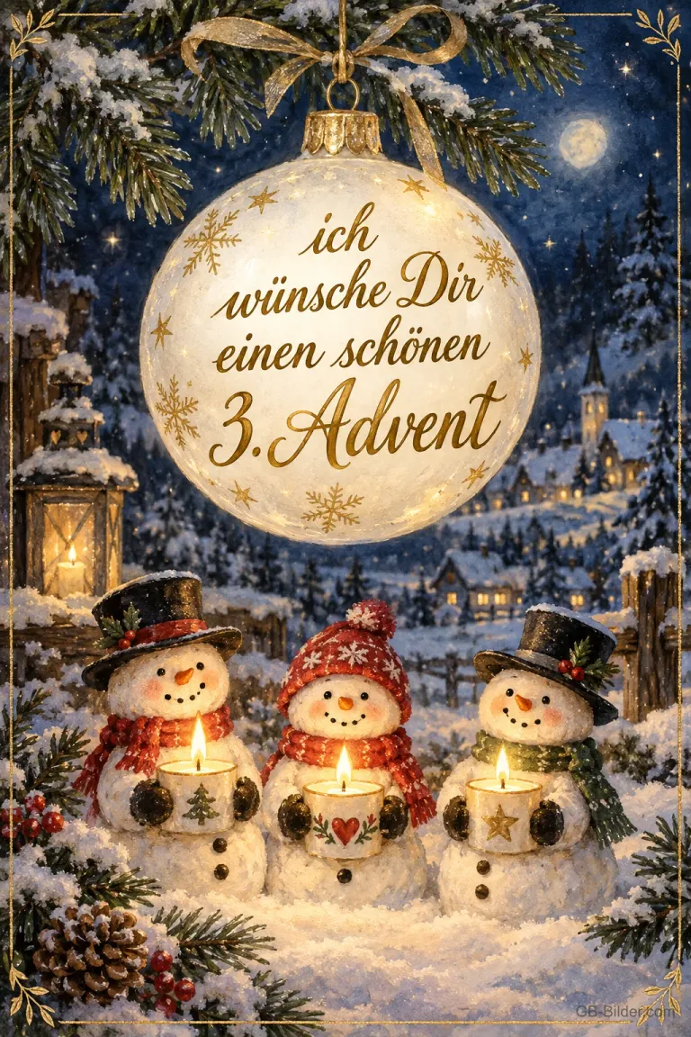 Schneemänner unter einer Weihnachtskugel, Text: Ich wünsche Dir einen schönen 3