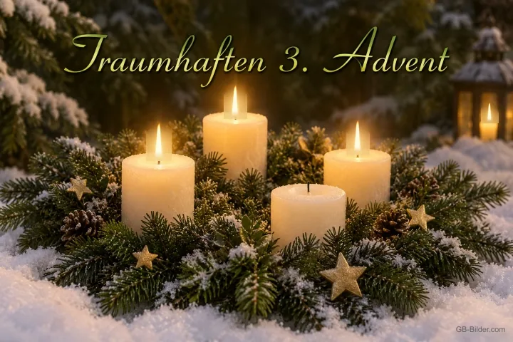 Adventskranz im Schnee mit vier Kerzen, drei davon brennen, Text: Traumhaften 3. Advent