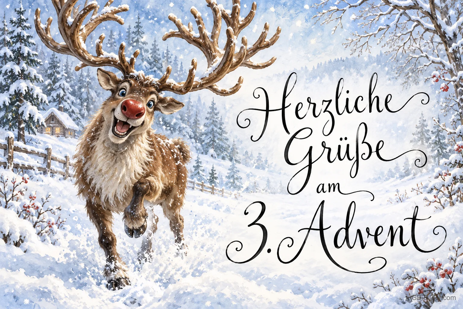Rentier mit roter Nase springt lachend durch eine verschneite Landschaft, Text: Herzliche Grüße am 3. Advent