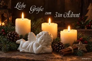 Engelchen zwischen Kerzen, Text: Liebe Grüße zum 3