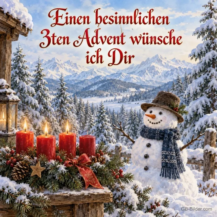 Adventsgesteck mit Kerzen und Schneemann im Schnee, Text: Einen besinnlichen 3ten Advent wünsche ich dir