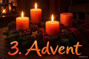 Adventskranz mit brennenden Kerzen, Text: 3