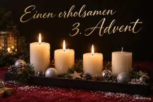 Drei brennende Kerzen auf einem Tablett, Text: Einen erholsamen 3. Advent