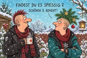 Punk mit Tannenzweigen und Weihnachtsschmuck im Irokesen im Schnee, Text: Findest du es spießig? Schönen 3. Advent!