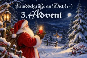 Weihnachtsmann mit Kerze im Schnee, Text: Knuddelgrüße an Dich