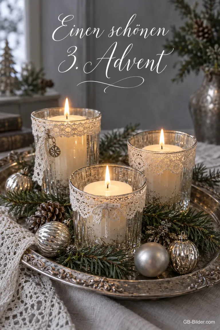Drei brennende Kerzen in Gläsern mit Spitze auf einem silbernen Tablett, Text: Einen schönen 3. Advent
