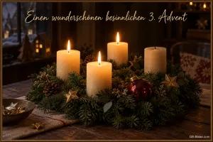 Adventskranz mit vier weißen Kerzen, drei davon brennen, Text: Einen wunderschönen besinnlichen 3. Advent