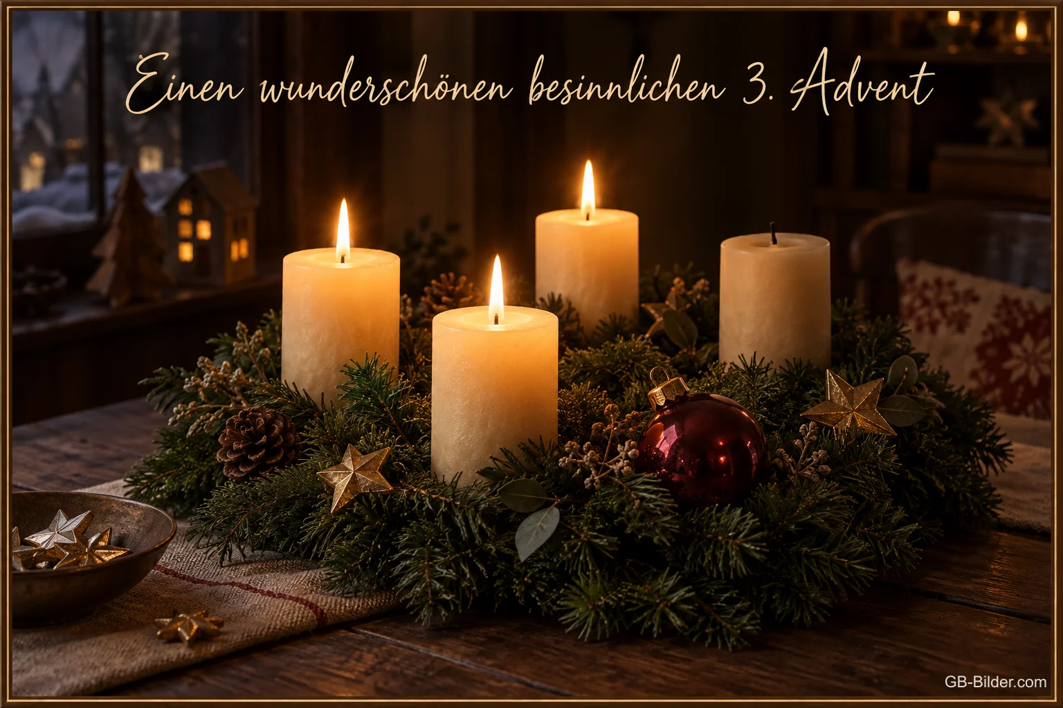 Adventskranz mit vier weißen Kerzen, drei davon brennen, Text: Einen wunderschönen besinnlichen 3. Advent