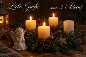 Engelfigur neben vier Kerzen, drei davon brennen, Text: Liebe Grüße zum 3. Advent