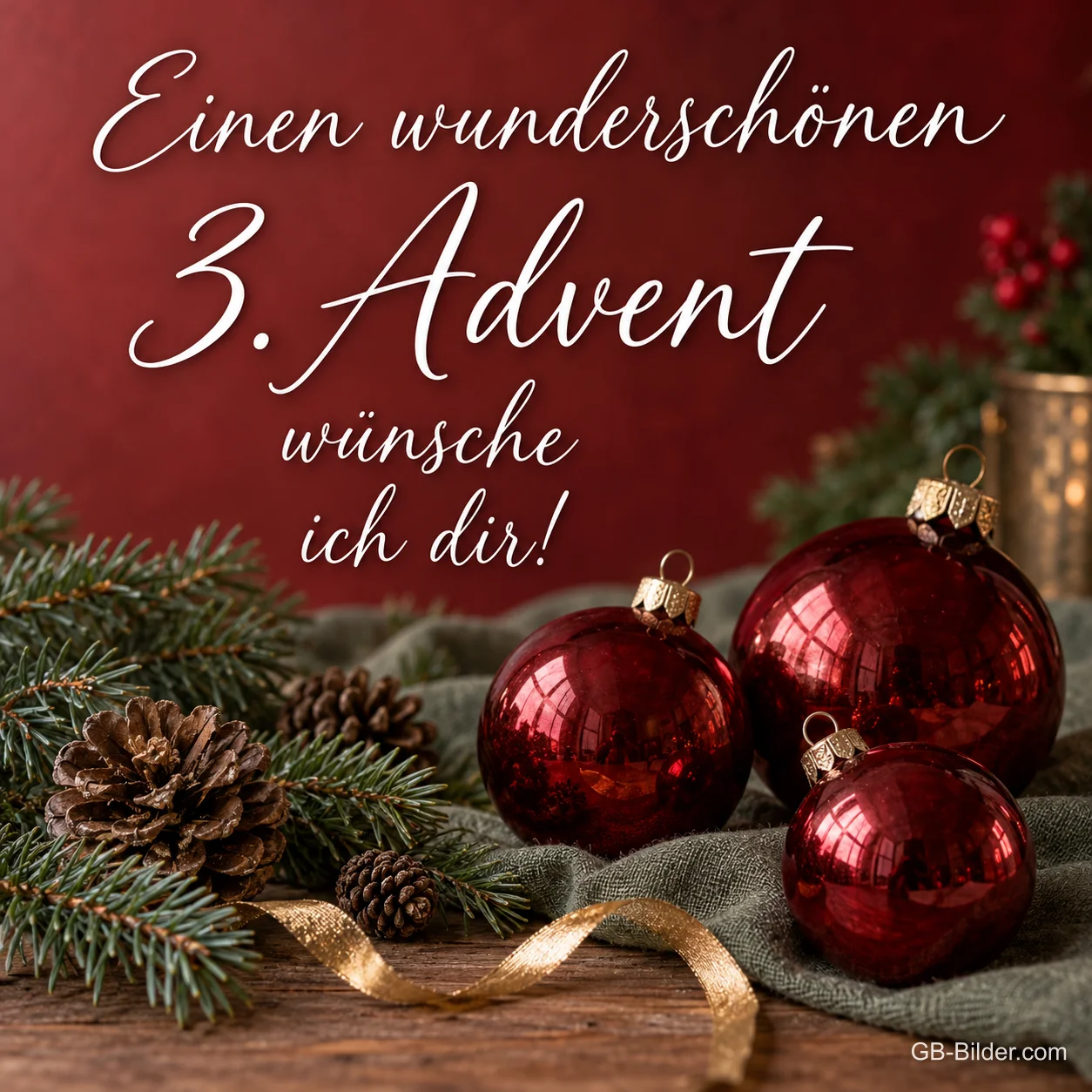 Rote Weihnachtskugeln zwischen Tannenzweigen und Zapfen, Text: Einen wunderschönen 3. Advent wünsche ich dir! Rote Weihnachtskugeln zwischen Tannenzweigen und Zapfen, Text: Einen wunderschönen 3. Advent wünsche ich dir!