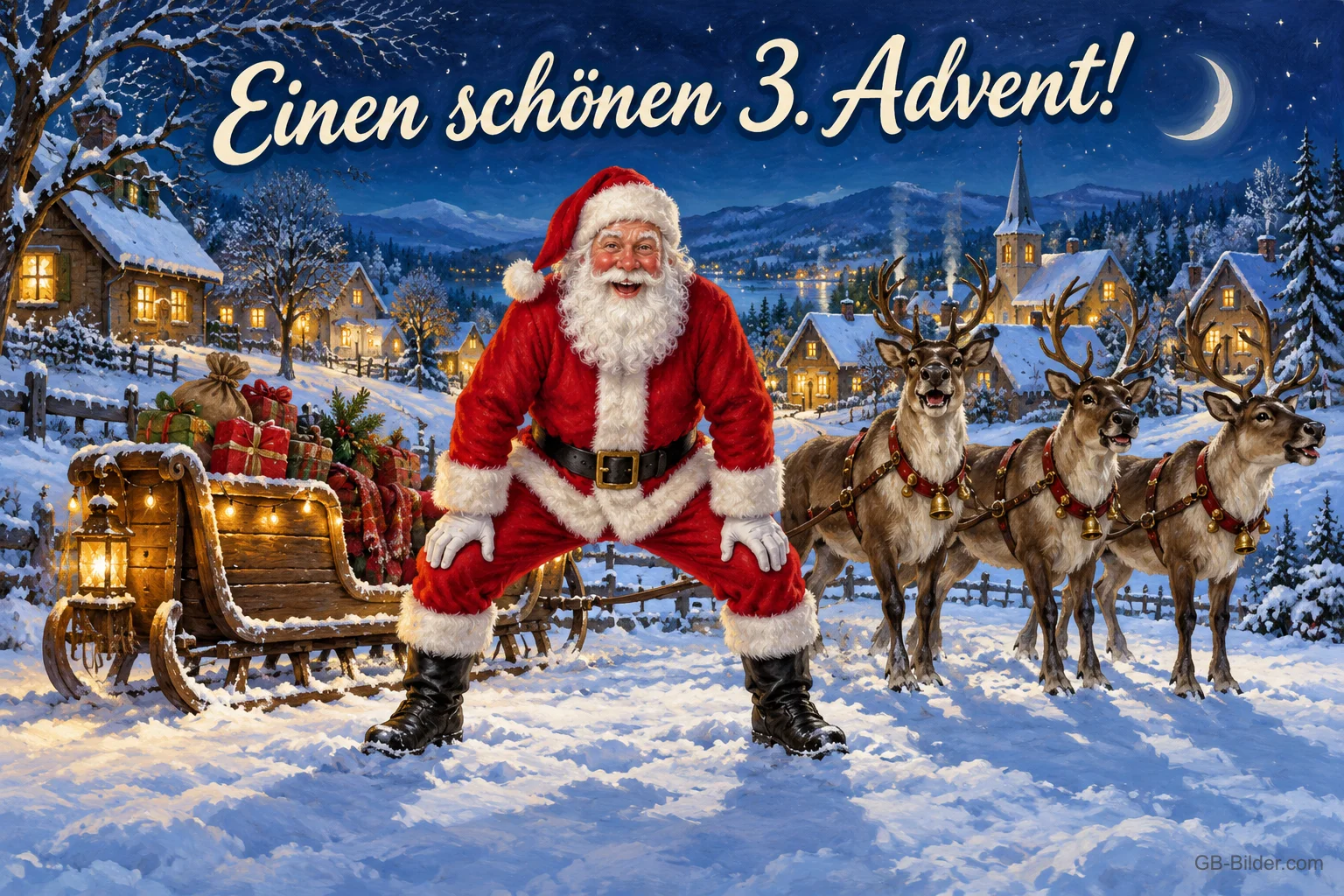 Lachender Weihnachtsmann mit Rentieren und Schlitten in einem verschneiten Dorf, Text: Einen schönen 3. Advent! Lachender Weihnachtsmann mit Rentieren und Schlitten in einem verschneiten Dorf, Text: Einen schönen 3. Advent!