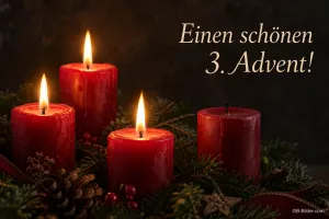 Vier rote Kerzen, drei davon brennen, Text: Einen schönen 3. Advent!