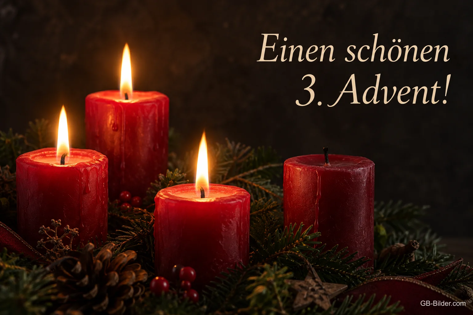 Vier rote Kerzen, drei davon brennen, Text: Einen schönen 3. Advent! Vier rote Kerzen, drei davon brennen, Text: Einen schönen 3. Advent!