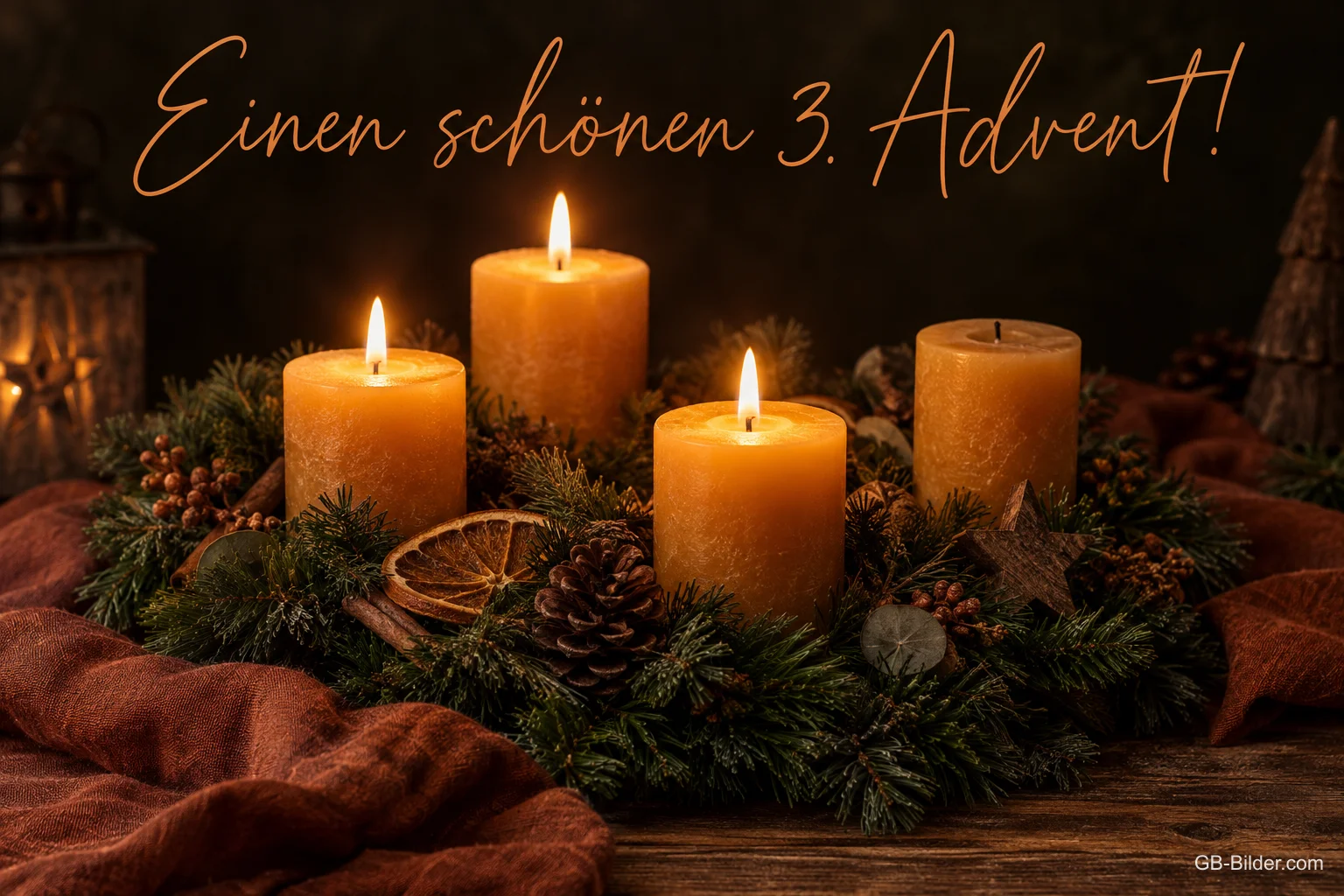 Vier Kerzen auf Tannengrün, drei davon brennen, Text: Einen schönen 3. Advent! Vier Kerzen auf Tannengrün, drei davon brennen, Text: Einen schönen 3. Advent!