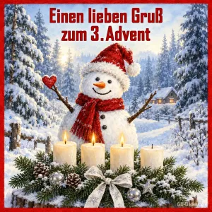 Schneemann hinter Adventskranz mit drei brennenden Kerzen, Text: Einen lieben Gruß zum 3. Advent