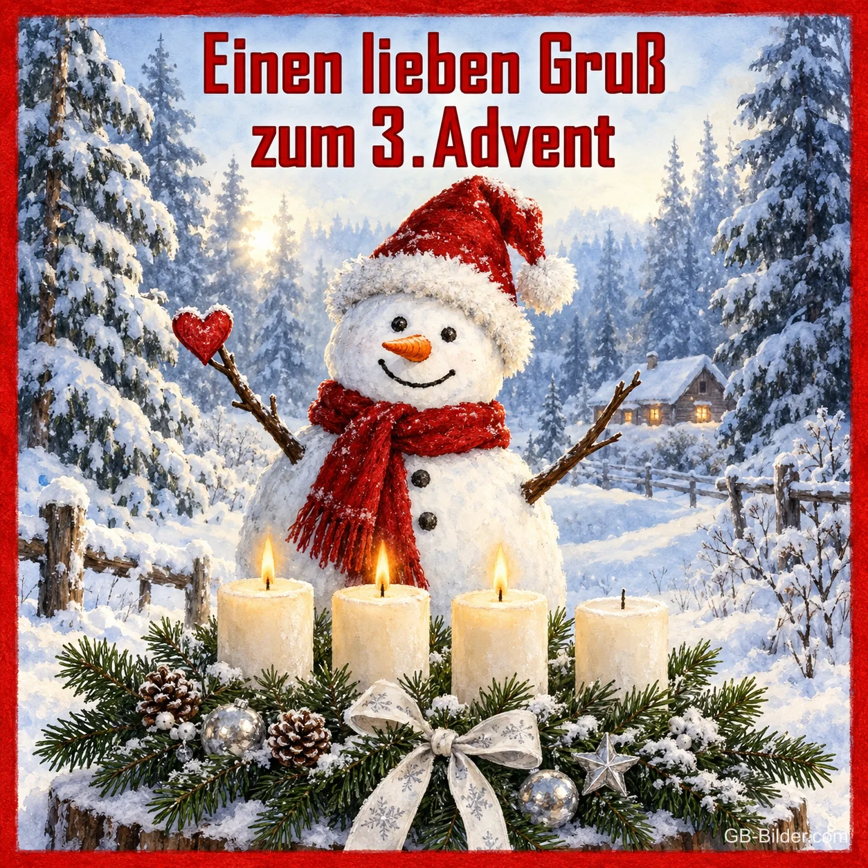 Schneemann hinter Adventskranz mit drei brennenden Kerzen, Text: Einen lieben Gruß zum 3. Advent