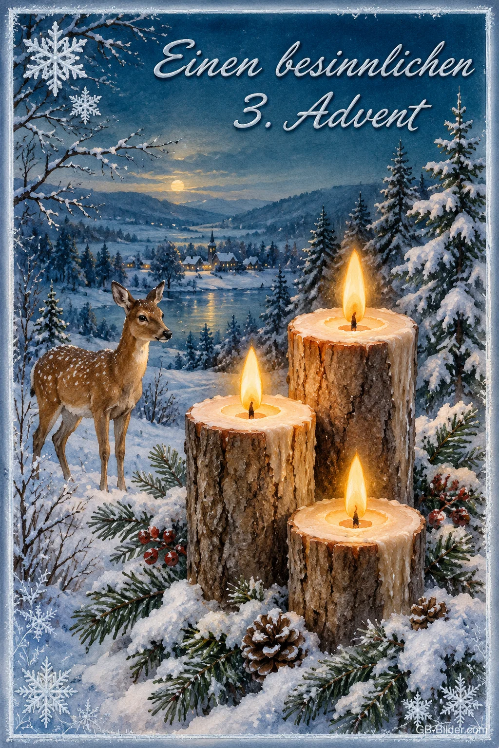 Drei brennende Kerzen in Baumstämmen und ein Reh im Schnee, Text: Einen besinnlichen 3. Advent