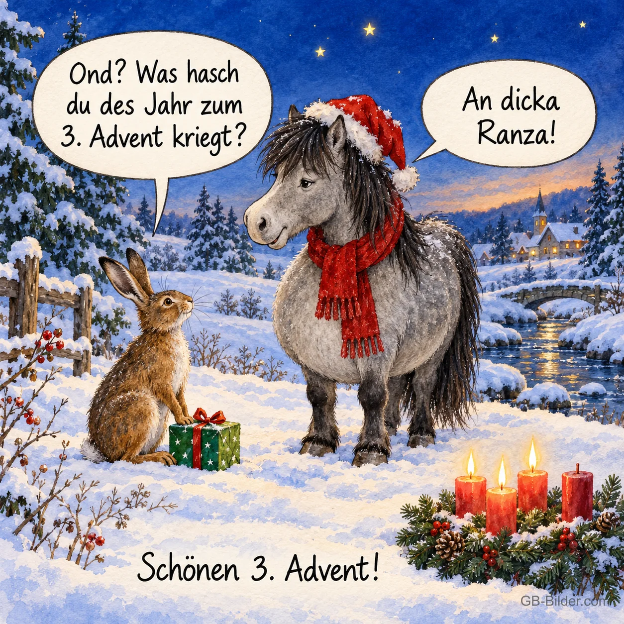 Pony mit Weihnachtsmütze und Hase im Schnee, lustiger schwäbischer Adventsspruch, Schönen 3. Advent!