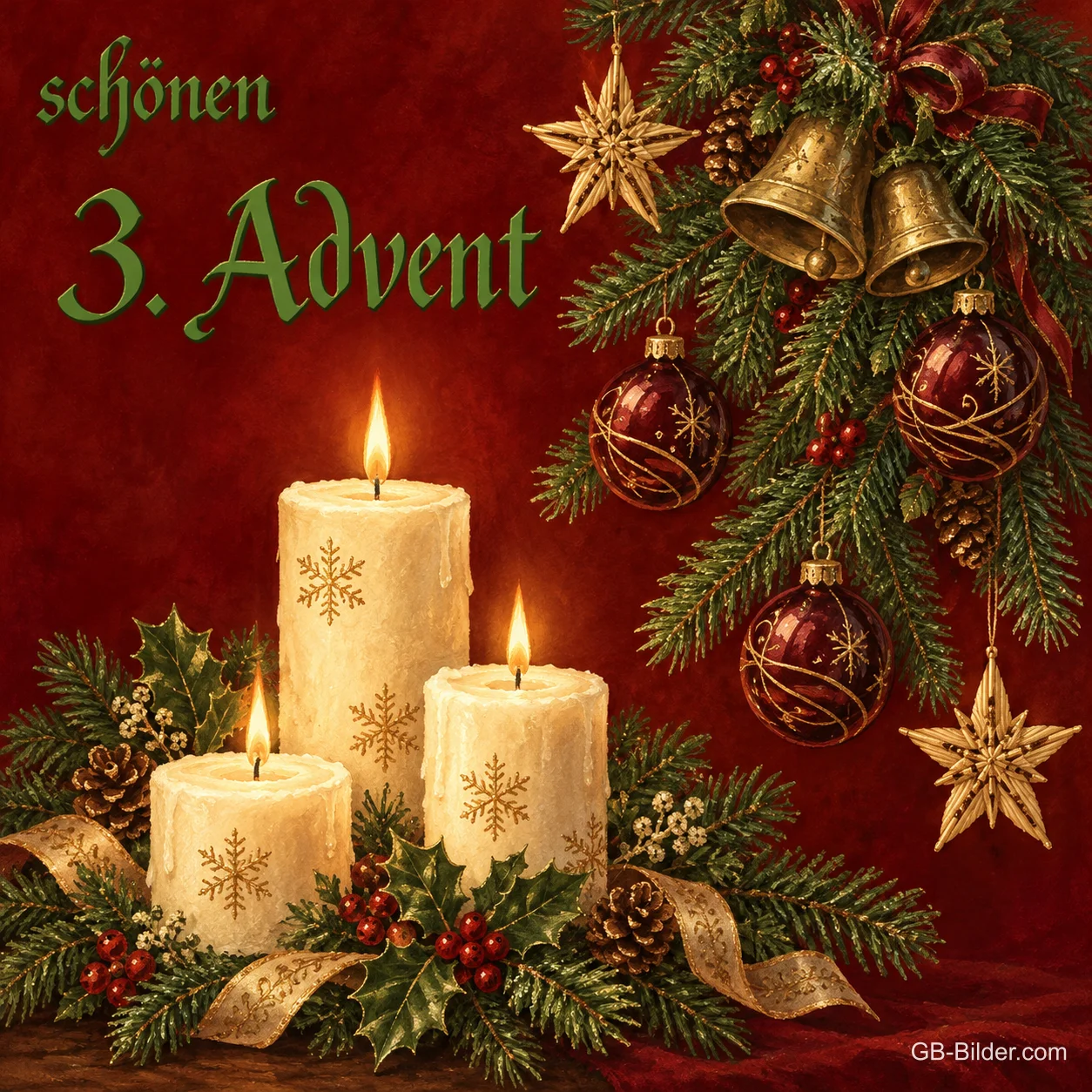 Drei brennende Kerzen mit Tannenzweigen und Glocken, Text: Schönen 3. Advent