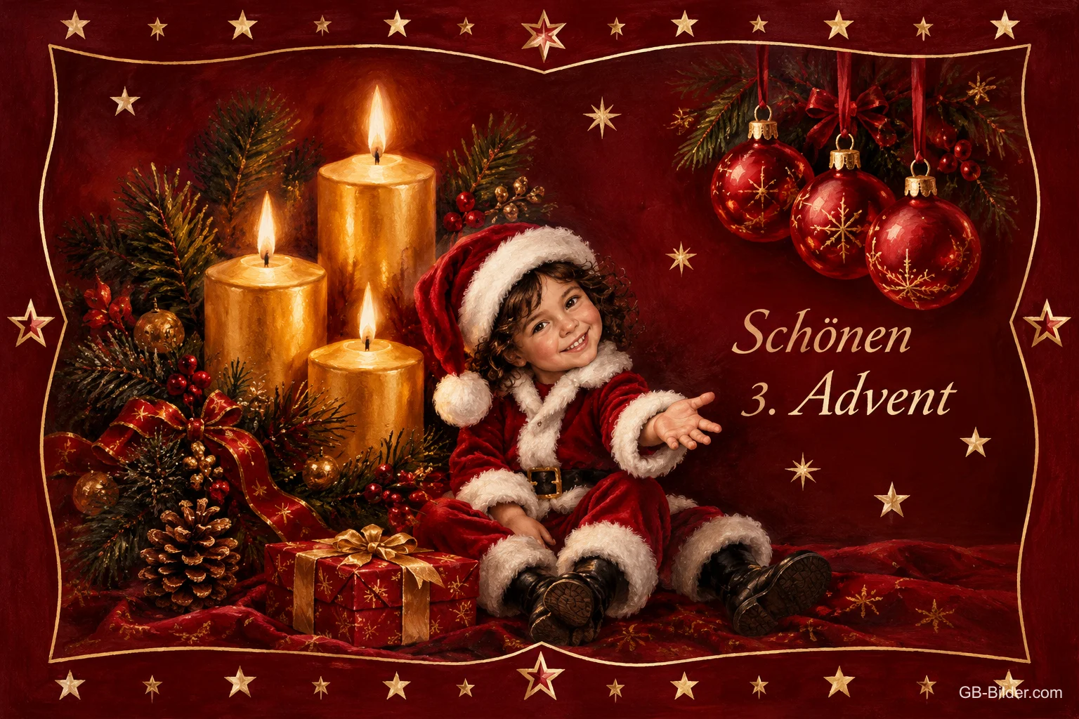 Lachendes Kind im Weihnachtsmannkostüm neben Geschenk und drei brennenden Kerzen, Text: Schönen 3. Advent