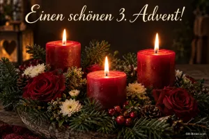 Drei rote Kerzen zwischen Rosen und Tannengrün, Text: Einen schönen 3. Advent!