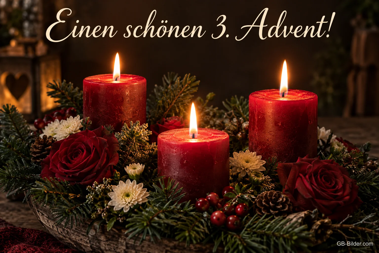 Drei rote Kerzen zwischen Rosen und Tannengrün, Text: Einen schönen 3. Advent!