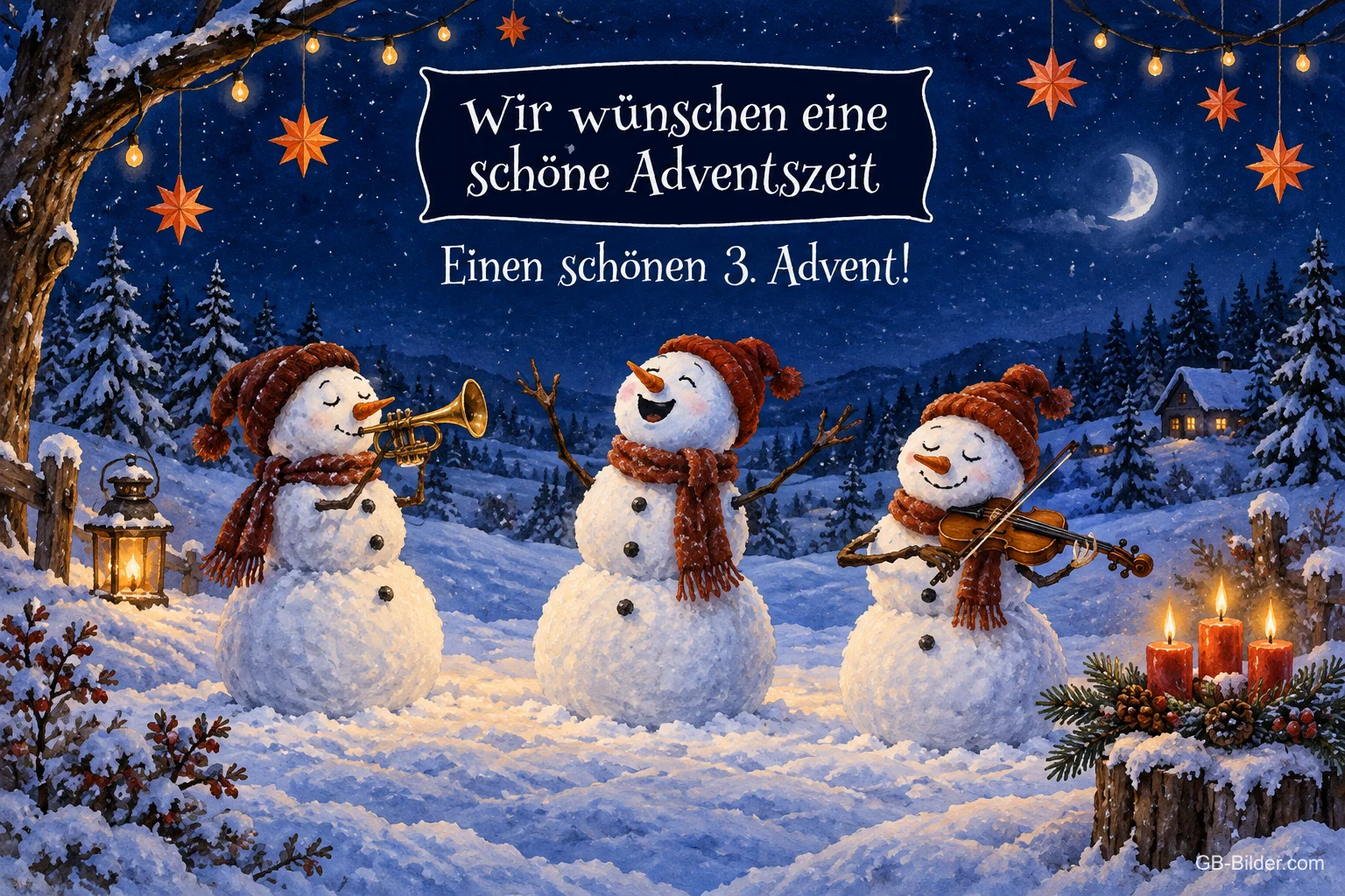 Musizierende Schneemänner im Schnee, Text: Wir wünschen eine schöne Adventszeit – Einen schönen 3. Advent!