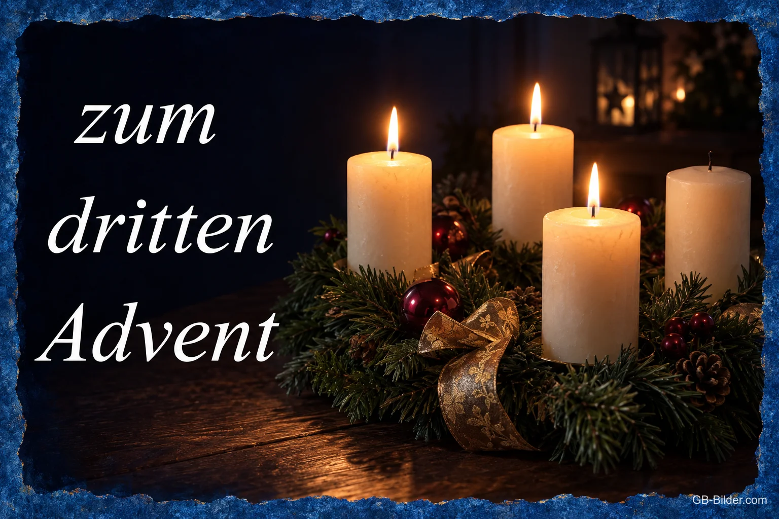 Adventskranz mit weißen Kerzen, Text: zum dritten Advent