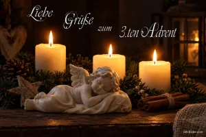 Drei Kerzen und schlafender Engel, Text: Liebe Grüße zum 3. Advent