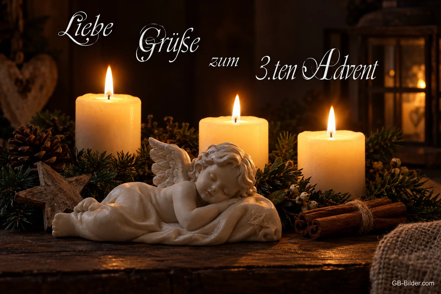 Drei Kerzen und schlafender Engel, Text: Liebe Grüße zum 3. Advent