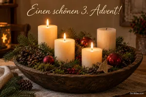 Drei Kerzen in einer Holzschale, Text: Einen schönen 3. Advent!