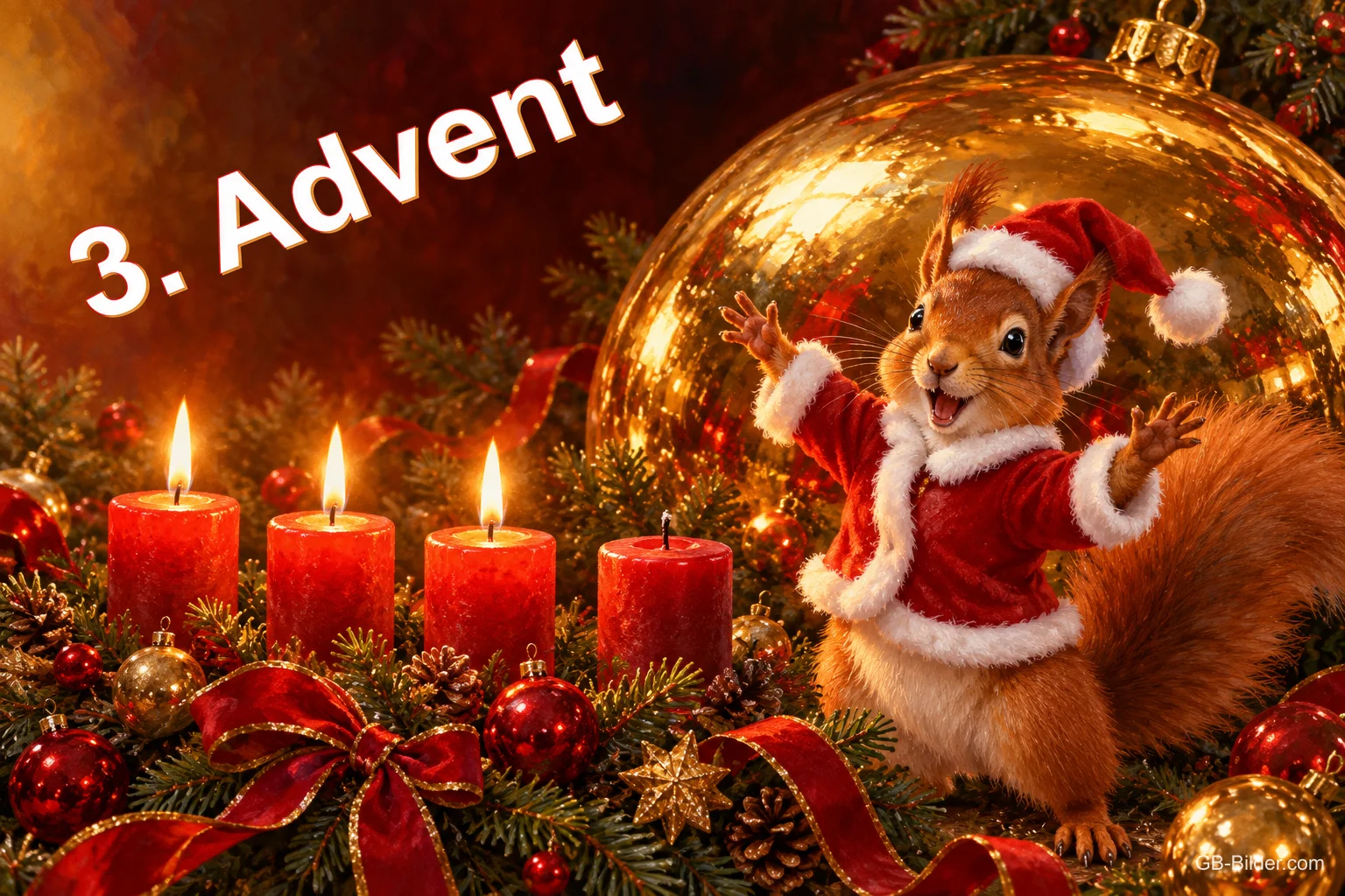 Eichhörnchen im Weihnachtsmantel winkt neben vier roten Kerzen, drei brennen, und goldener Kugel, Text: 3. Advent Eichhörnchen im Weihnachtsmantel winkt neben vier roten Kerzen, drei brennen, und goldener Kugel, Text: 3. Advent